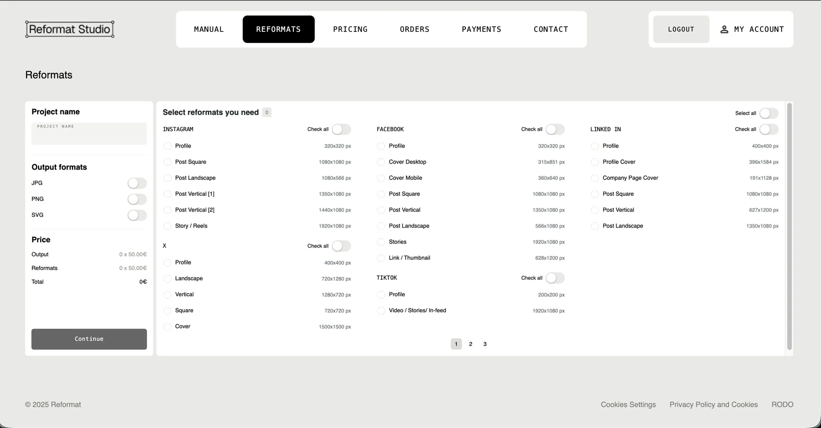 Reformat Studio interface for choosing design output formats and submitting an order