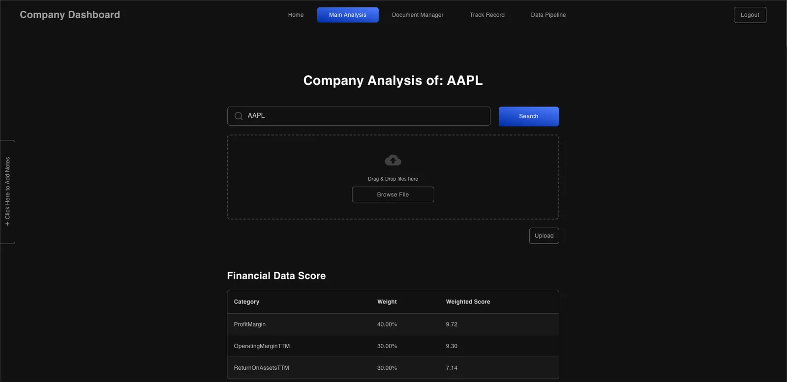 Stock Analysis application showing company lookup, document upload and financial data table